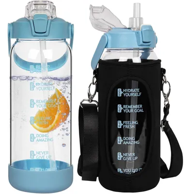 Productafbeelding van Glazen waterfles van 2 liter met rietje - grote, lekvrije sportfles