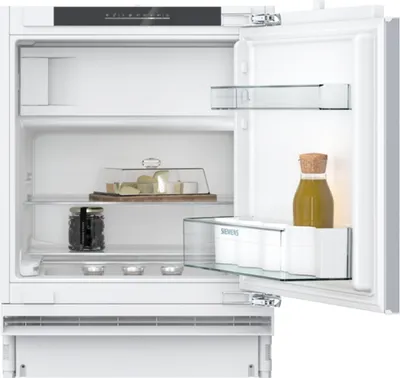 Siemens iQ300, KU22LVFD0, Unterbau-Kühlschrank mit Gefrierfach, 82 x 60 cm, Flachscharnier Frontansicht geöffnet