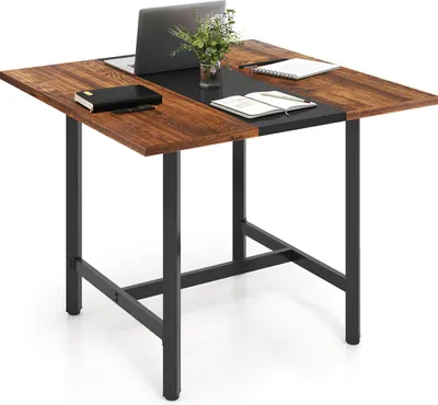 Produktbild von COSTWAY Konferenztisch, Besprechungstisch mit Metallrahmen, Seminartisch für 4 Personen, 100 x 100 x 75 cm, Rustikal Braun + Schwarz