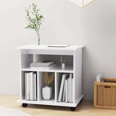 A white rolling cabinet with shelves, filled with books and decorative items, placed on a light wooden floor against a white wall.