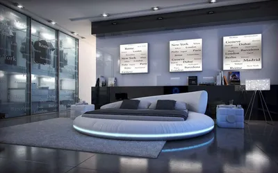 Produktbild von Mezzo Rundbett Bettgestell, Premium Kunstleder Weiß, 300x75 cm, mit LED Beleuchtung und Lattenrost, abgeschrägtes Kopfteil