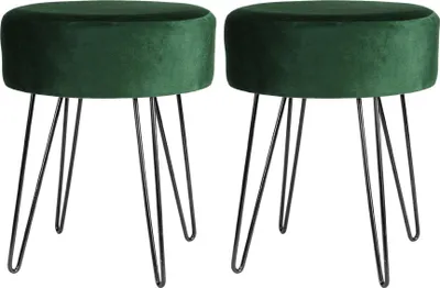 Produktbild von Weicher runder Fußhocker aus Samt mit schwarzen Haarnadelbeinen – Grün – 2er-Pack