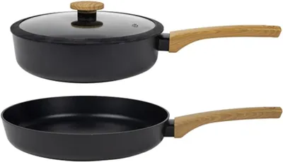A set of cookware, including a pot with a lid and a frying pan, displayed against a white background.