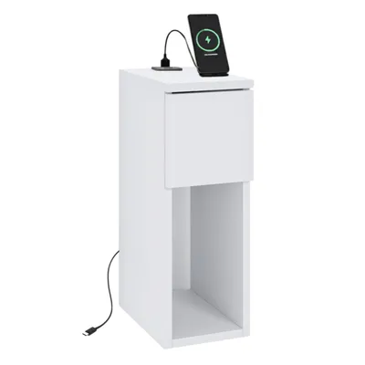Obrázek produktu pro Noční stolek Úzký odkládací stolek – matná bílá – s USB a USB C