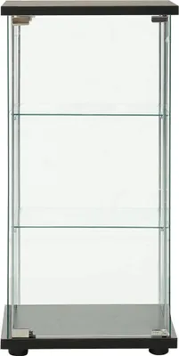 A tall, narrow glass display cabinet with black accents and three glass shelves.
