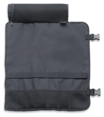A dark gray fabric roll bag for kitchen knives, shown unrolled and open.