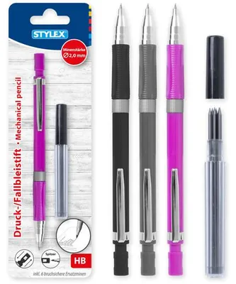 Produktbild von Druck Fallbleistift 2,0mm HB + 6 Ersatzminen mit Anspitzer im Druckknopf - diverse Farben Bürobedarf Stifte Stylex 31440