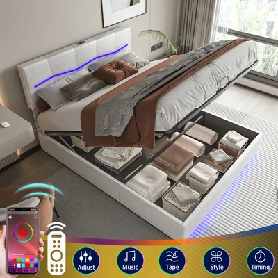 Obrázok produktu pre Čalúnená posteľ ProximaX 160x200 cm, manželská posteľ pre mladých s nabíjacím rozhraním USB a typom C, LED osvetlenie, lamelový rošt a základňa postele v béžovej farbe
