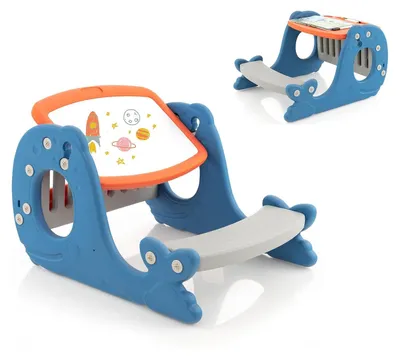 Produktbild von 4 in 1 Kinder Staffelei mit Stuhl, multifunktionale Kinderstaffelei mit Wendbare Tischplatte, Whiteboard & Bücherregal, Kindertisch Aktivitätstisch Zeichentisch für Kinder ab 1 Jahre