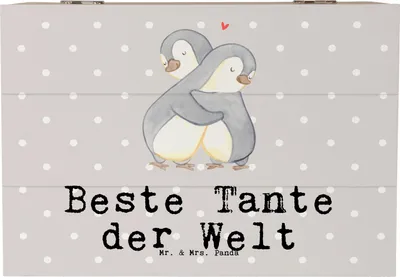 Produktbild von Mr. & Mrs. Panda Box Pinguin Beste Tante der Welt 22 x 15 cm - Grau Pastell - Geschenk, Aufbewahrungsbox Holz, Nichte, Kiste, fotobox, truhe mit deckel, Geschenkidee