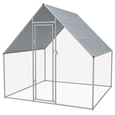 A gray outdoor chicken coop with a mesh enclosure and a fabric roof, shown against a white background.
