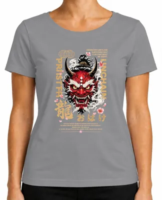 Zdjęcie produktu dla Oni Maske - Japoński streetwear, kolekcja Sakura, styl Y2K, damski T-shirt z motywem Hannya, kolor: szary, rozmiar: XL