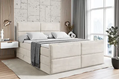 Produktbild von ALTDECOR Boxspringbett mit Fußteil, 2 Matratzen und Topper - 180x200 cm - AURA-Z KING - creme Samt - Polsterbett mit, H3- und H4- Matratzen, Bettkasten und Lattenrost, Bett mit Stauraum