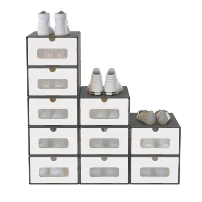 Image de JOIEYOU 10x Boîtes à chaussures Empilables Papier kraft Rangement pour chaussures Boîte de rangement avec couvercle et fenêtre transparente Boîte à chaussures Organisateur de chaussures, 34,5x23,5x13,5 cm, Gris