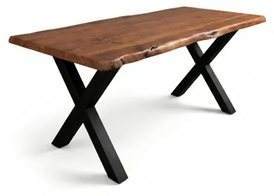 Produktbild von Baumkantentisch Cali 220 x 100 cm, Akazienholz massiv nussbaumfarben, 50 mm Tischplatte, Esstisch mit X-Metallgestell Schwarz, Industrial-Design