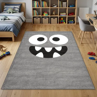 Image de Tapis pour enfants gris avec motif de monstre - Dimensions : 120 x 170 cm