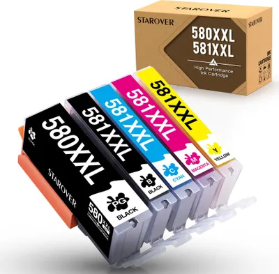 A set of five ink cartridges and their packaging.