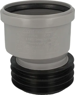 A gray plastic pipe fitting with a black rubber seal at the bottom, set against a light gray background.