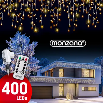 Produktbild von MONZANA® LED Regen Lichterkette warmweiß kaltweiß Innen Außen Eisregen Weihnachtsbeleuchtung Weihnachten Weihnachtsdeko, Model:400 LED warm-weiß Fernbedienung