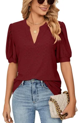 Produktbild von Damen-T-Shirt mit V-Ausschnitt – Lässiges Sommeroberteil mit Puffärmeln