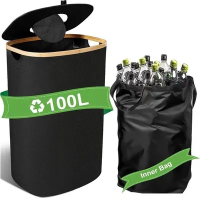 Produktbild von INF Faltbarer Wäschekorb mit Deckel - Bambus Stoff Wäschebox 2er Set