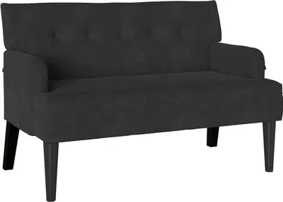 A dark grey sofa is shown against a white background.