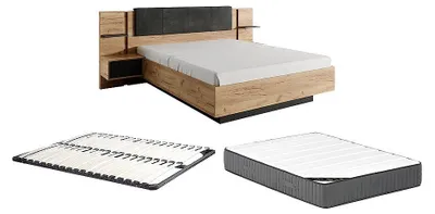 Produktbild von Bett mit Nachttischen 160 x 200 cm - Mit LEDs - Farbe: Natur und Anthrazit + Lattenrost + Matratze - ELYNIA