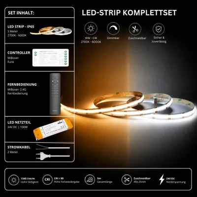 Produktbild von LED Streifen Set CCT IP65 – COB LED Streifen 24V, 16 W/m, 1345 lm/m, 5m, 2700-6000K – SS100 Netzteil, SR2 Funk-Controller und C1 Fernbedienung Schwarz