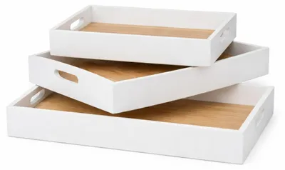 Produktbild von 3er Set Holztablett Weiß Dekotablett Serviertablett MDF Holz Tablett mit Griffen rechteckig Kerzentablett Frühstückstablett Bett Couchtisch Deko