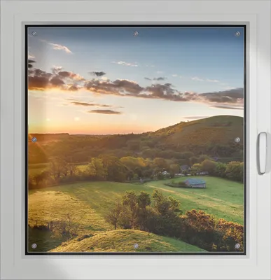 Produktbild von Wallario Lichtschutzbild, Dekorativer Sichtschutz Sonnenschutz 96 x 93 cm mit Motiv: Schlosspanorama in England bei Sonnenaufgang - Verdunklung ohne Bohren