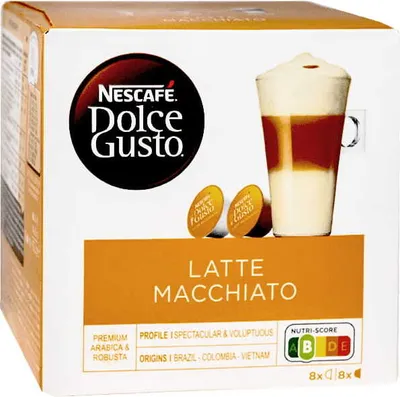 A box of Nescaf Dolce Gusto Latte Macchiato coffee capsules.
