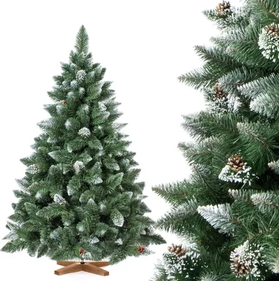 Immagine prodotto di Albero di Natale artificiale FairyTrees 150cm pino naturale con supporto in legno | Abete di Natale con pigne naturali e punte bianche innevate | Facile da Montare | Prodotto in EU