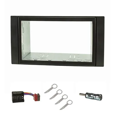 Produktbild von Doppel DIN Radioblende Set kompatibel mit Ford Focus 2 Fiesta C-Max S-Max Galaxy Mondeo Kuga Transit schwarz mit Quadlockadapter ISO Antennenadapter ISO DIN Entriegelungsbügel