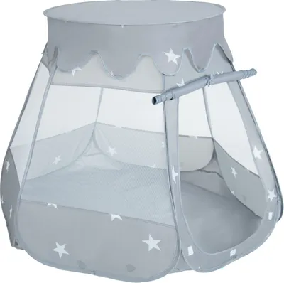 A grey play tent with white stars, shown from a diagonal angle.