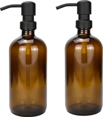 Immagine prodotto di 2 dispenser per sapone in vetro spesso color ambra da 500 ml con pompa in acciaio inossidabile nero; dispenser per sapone liquido da bagno