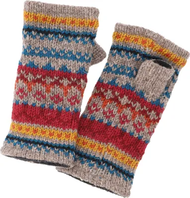 Produktbild von Handstulpen, Handgestrickte Wollstulpen aus Nepal, Gemusterte Armstulpen, Pulswärmer - Grau/rot, Uni, Mehrfarbig, Wolle, Handschuhe & Handstulpen