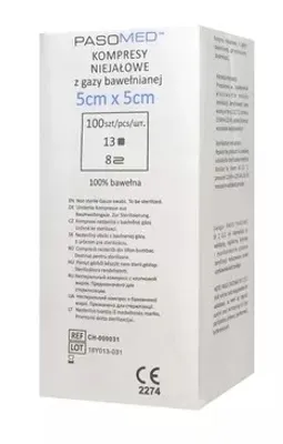 Obrázek produktu pro Sterilní Jednorázové Náplasti Pasomed, 100 ks, 13-vláknové, 8-vrstvé, 5 x 5 cm