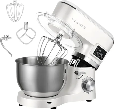 Produktbild von KLAMER Küchenmaschine Classic 1400 W – 5,5 L Rührschüssel aus Edelstahl, Knet-, Rühr- & Schneebesenaufsatz, Timer & LED-Display, stabile Saugnapffüße, ideal für Brot-, Kuchen- & Pizzateig
