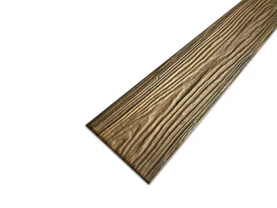 A single plank of wood with a dark, textured grain pattern is shown diagonally against a white background.