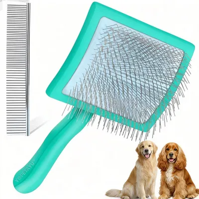 Produktbild von Slicker Bürste für Hunde & Katzen mit Holzgriff, Fellkamm, Grün