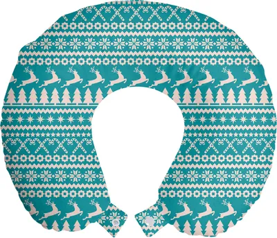 Produktbild von ABAKUHAUS nordisch Reisekissen Nackenstütze, Bäume Sterne Rentiere, Schaumstoff Reiseartikel für Flugzeug und Auto, 30x30 cm, Türkis-Creme