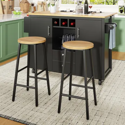 Productafbeelding van Servenwagen van Flieks met 2 barkrukken, keukentrolley met inklapbaar werkblad, kruidenrek en wijnrek, geschikt voor eetkamer, balkon en woonkamer, zwart