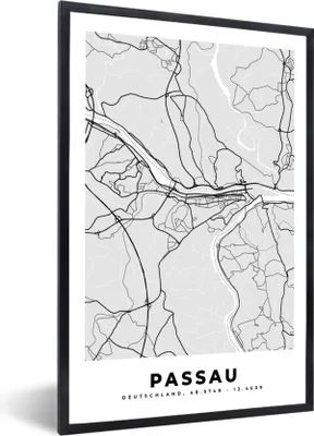 Produktbild von MuchoWow® Gerahmtes Poster Passau - Stadtplan - Deutschland - Karte 60x90 cm - Poster mit Schwarzem Bilderrahmen Wandposter Rahmen Foto Bilder - Kunst