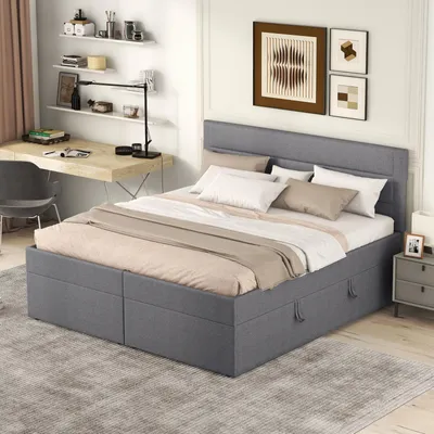 Produktbild von Bett mit Stauraum 140 x 200 cm – Doppelbett mit Lattenrost und Kopfteil – beidseitig zu öffnen, Leinenbezug – Grau