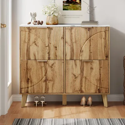 Produktbild von Schuhschrank mit Klappdeckel - Holzoptik und Marmoroptik - 4 Klapptüren - 3D-geprägte Türpaneele - Konische Massivholzbeine