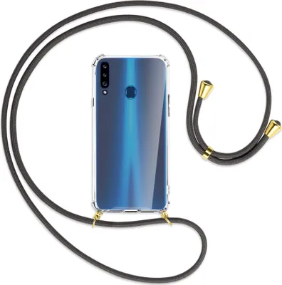 Produktbild von Handykette Backcover-Schutzhülle mit Band (Metall goldfarben) für Samsung Galaxy A20s - dunkelgrau