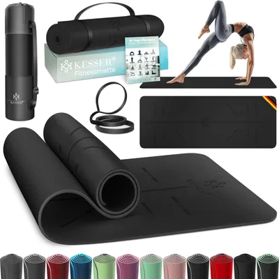 Produktbild von KESSER® Gymnastikmatte mit Tragegurt rutschfest TPE Yogamatte Gepolstert & rutschfest Fitnessmatte , 183 x 61  Trainingsmatte für Fitness Sportmatte, Pilates & Gymnastik Workout extradick