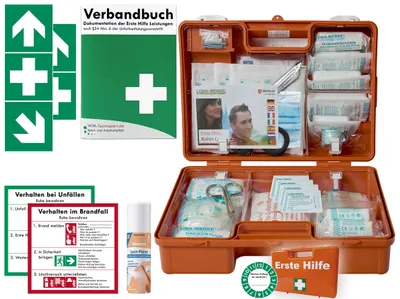 Produktbild von Verbandskasten (M) Typ S - Erste Hilfe nach aktueller DIN 13157 für Betriebe -DSGVO- INKL. PERFORIERTEM VERBANDBUCH + Sprühpflaster + AUFKLEBER