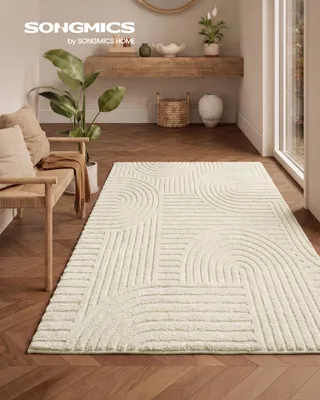 Obrázek produktu pro SONGMICS Koberec do obývacího pokoje, 3D geometrický vzor, protiskluzový a omyvatelný, rozměry 170 x 120 x 1 cm, bílý, Obrázek vytvořený pomocí AI