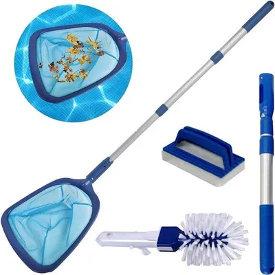 Productafbeelding van Famanu Zwembadreinigingsset - Telescopische stang 119 cm - Verstelbaar - Zwembadreinigingsset - Spons en reinigingsborstel - Bladschepnet - Aquarium